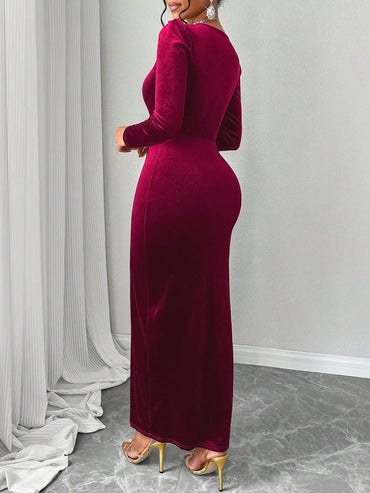 Deep V Neck Velvet Maxi Dress with Puff Sleeves