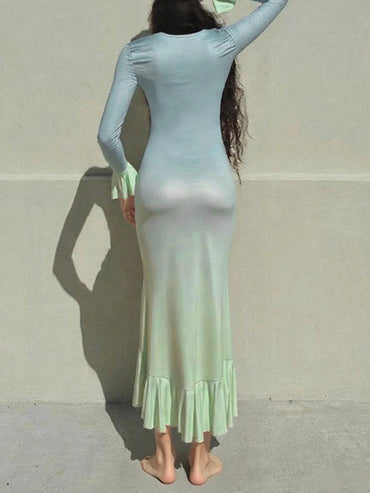 Gradient V Neck Bodycon Long Sleeve Dress