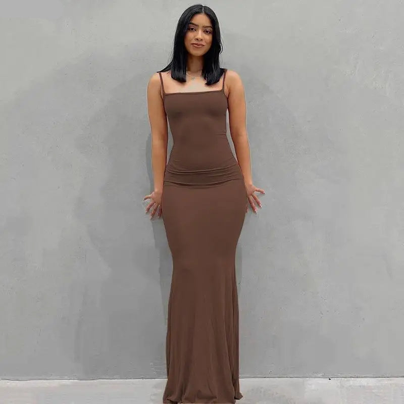 Women's satin backless bodycon maxi dress in elegant slim fit
