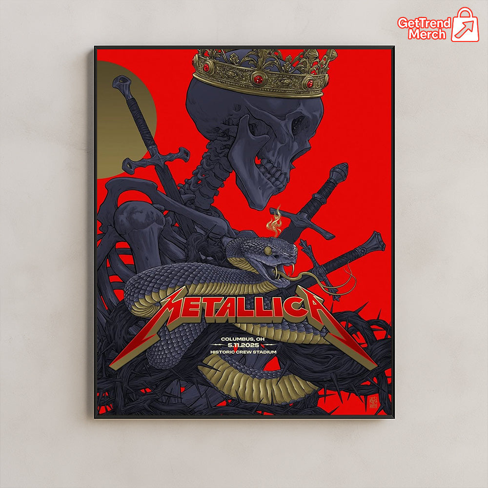 Metallica M72 World Tour May 11, 2025 Columbus, OH Historic Crew Stadium β Snake & Crowned Skeleton Poster Canvas Wall Art - Get Trend Merch