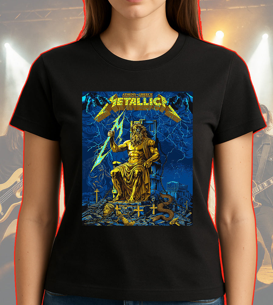 Metallica M72 World Tour Athens Greece May 9 2026 Olympic Stadium black graphic T-shirt with Zeus lightning artwork