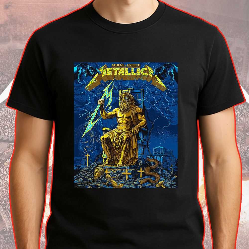 Metallica M72 World Tour Athens Greece May 9 2026 Olympic Stadium black graphic T-shirt with Zeus lightning artwork