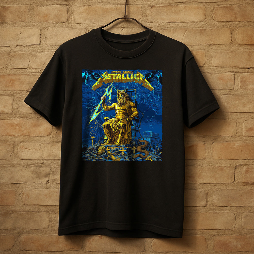 Metallica M72 World Tour Athens Greece May 9 2026 Olympic Stadium black graphic T-shirt with Zeus lightning artwork