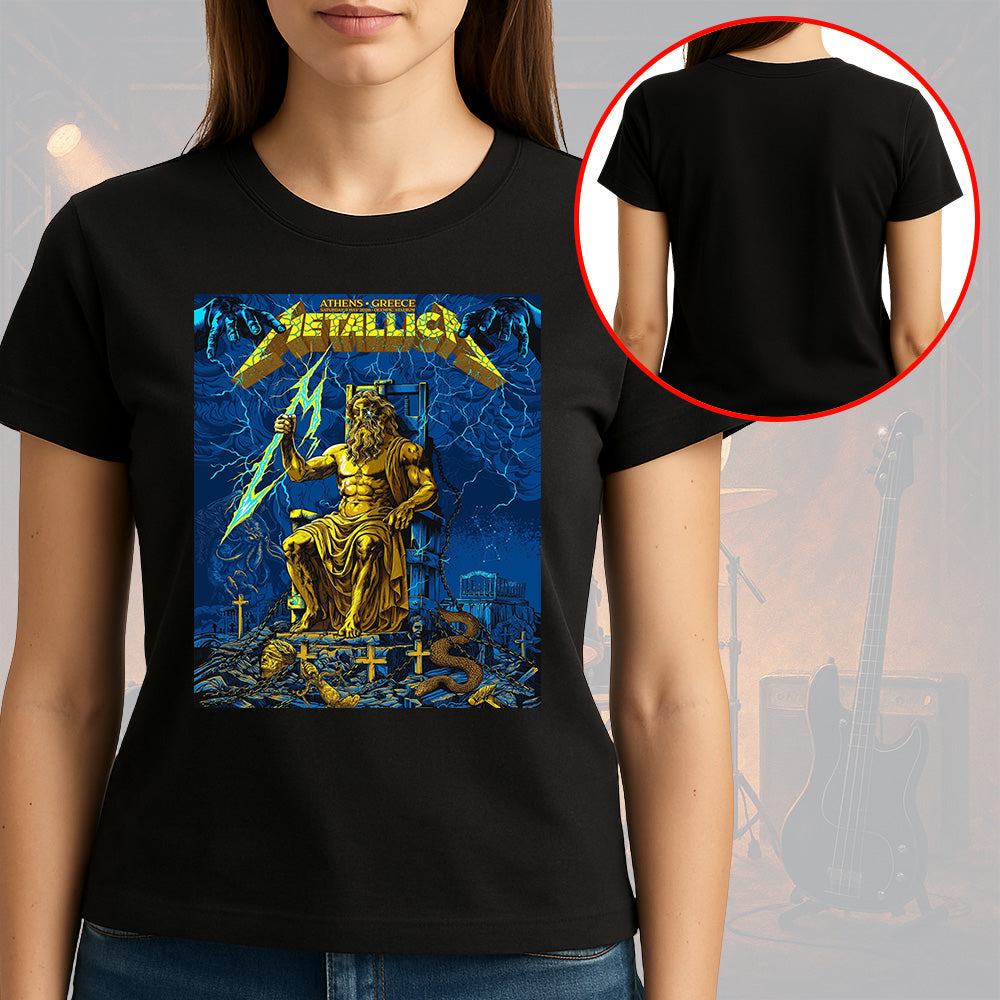 Metallica M72 World Tour Athens Greece May 9 2026 Olympic Stadium black graphic T-shirt with Zeus lightning artwork