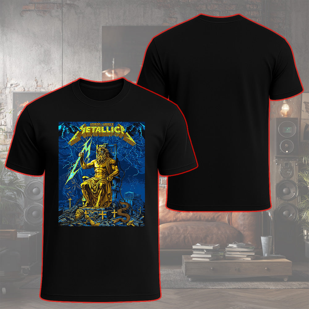 Metallica M72 World Tour Athens Greece May 9 2026 Olympic Stadium black graphic T-shirt with Zeus lightning artwork
