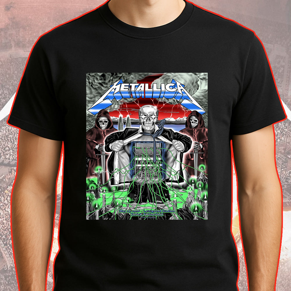 Metallica M72 World Tour Zurich Switzerland May 27 2026 Stadion Letzigrund electric skeleton black graphic T-shirt