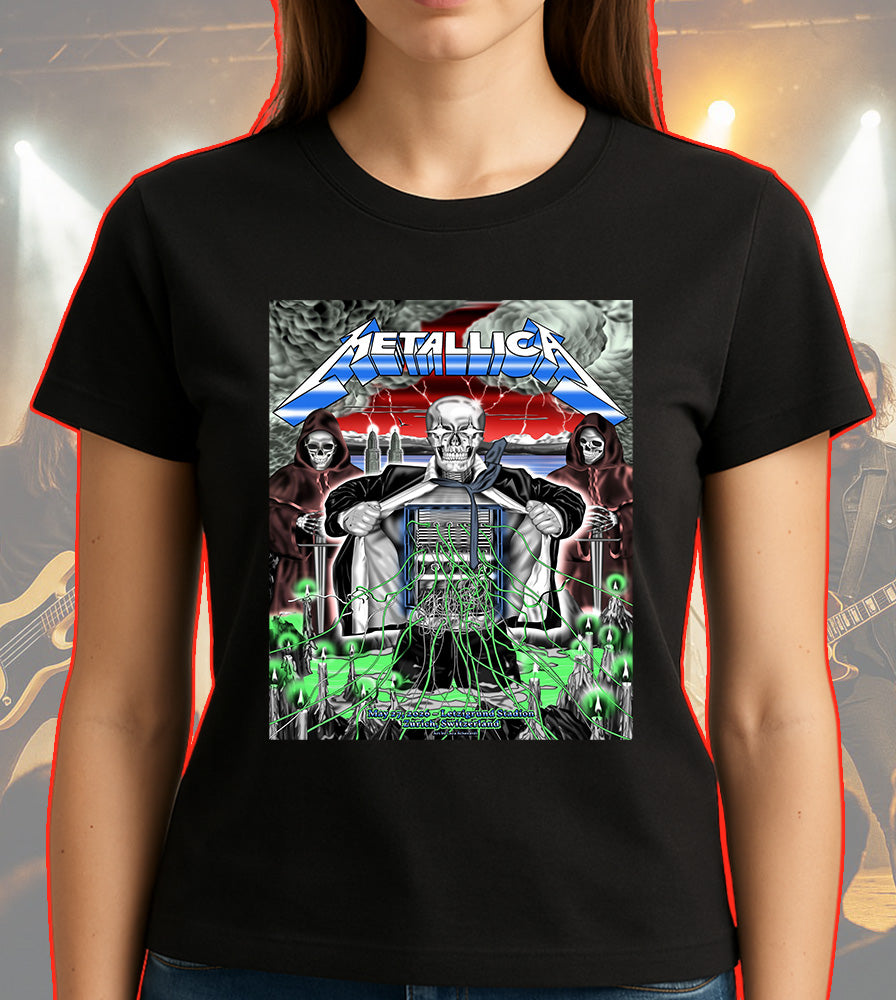 Metallica M72 World Tour Zurich Switzerland May 27 2026 Stadion Letzigrund electric skeleton black graphic T-shirt