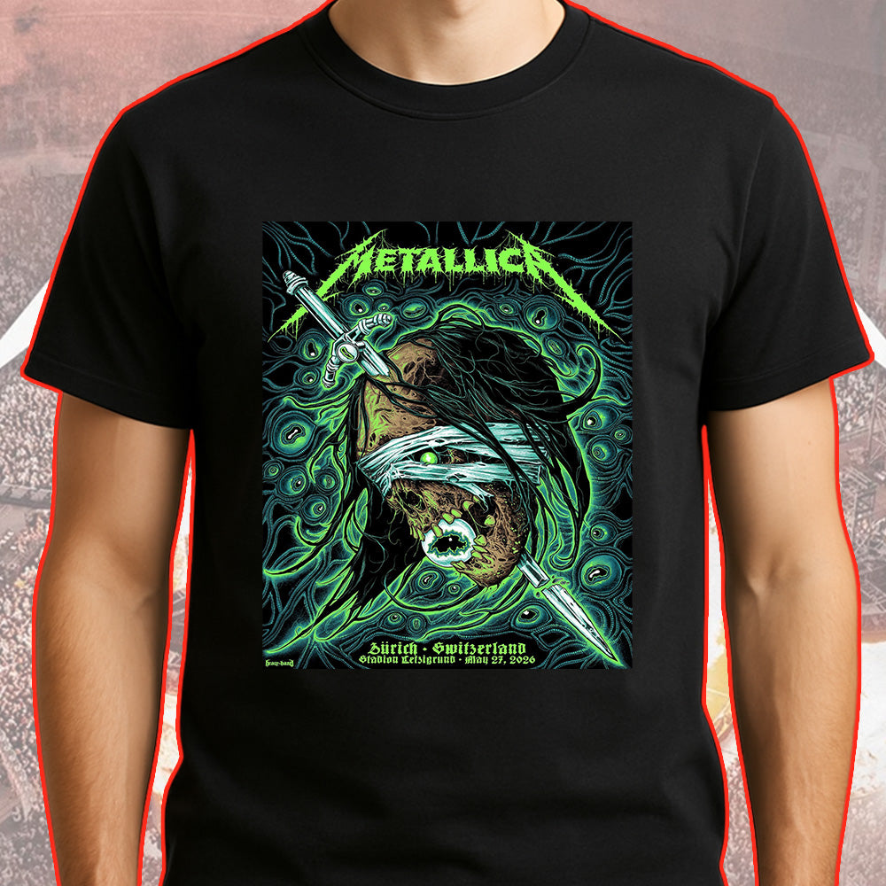 Metallica M72 World Tour Zurich Switzerland May 27 2026 Stadion Letzigrund mummy sword black graphic T-shirt