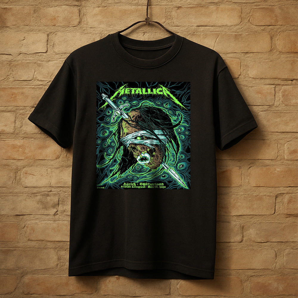 Metallica M72 World Tour Zurich Switzerland May 27 2026 Stadion Letzigrund mummy sword black graphic T-shirt