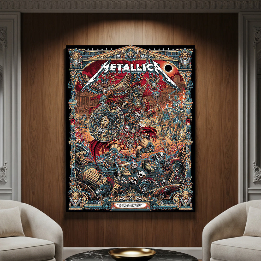 Metallica M72 World Tour Athens Greece May 9 2026 Olympic Stadium poster canvas wall art with heavy metal Greek mythology artwork