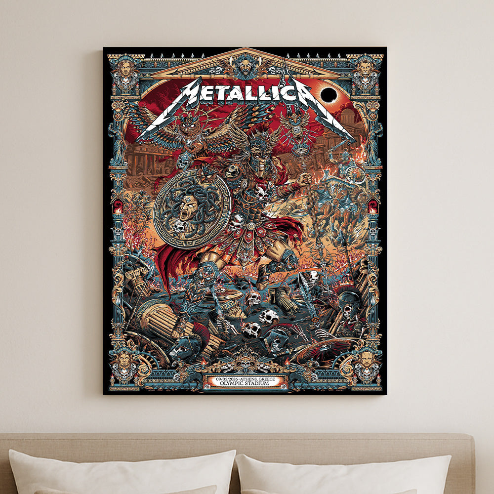 Metallica M72 World Tour Athens Greece May 9 2026 Olympic Stadium poster canvas wall art with heavy metal Greek mythology artwork