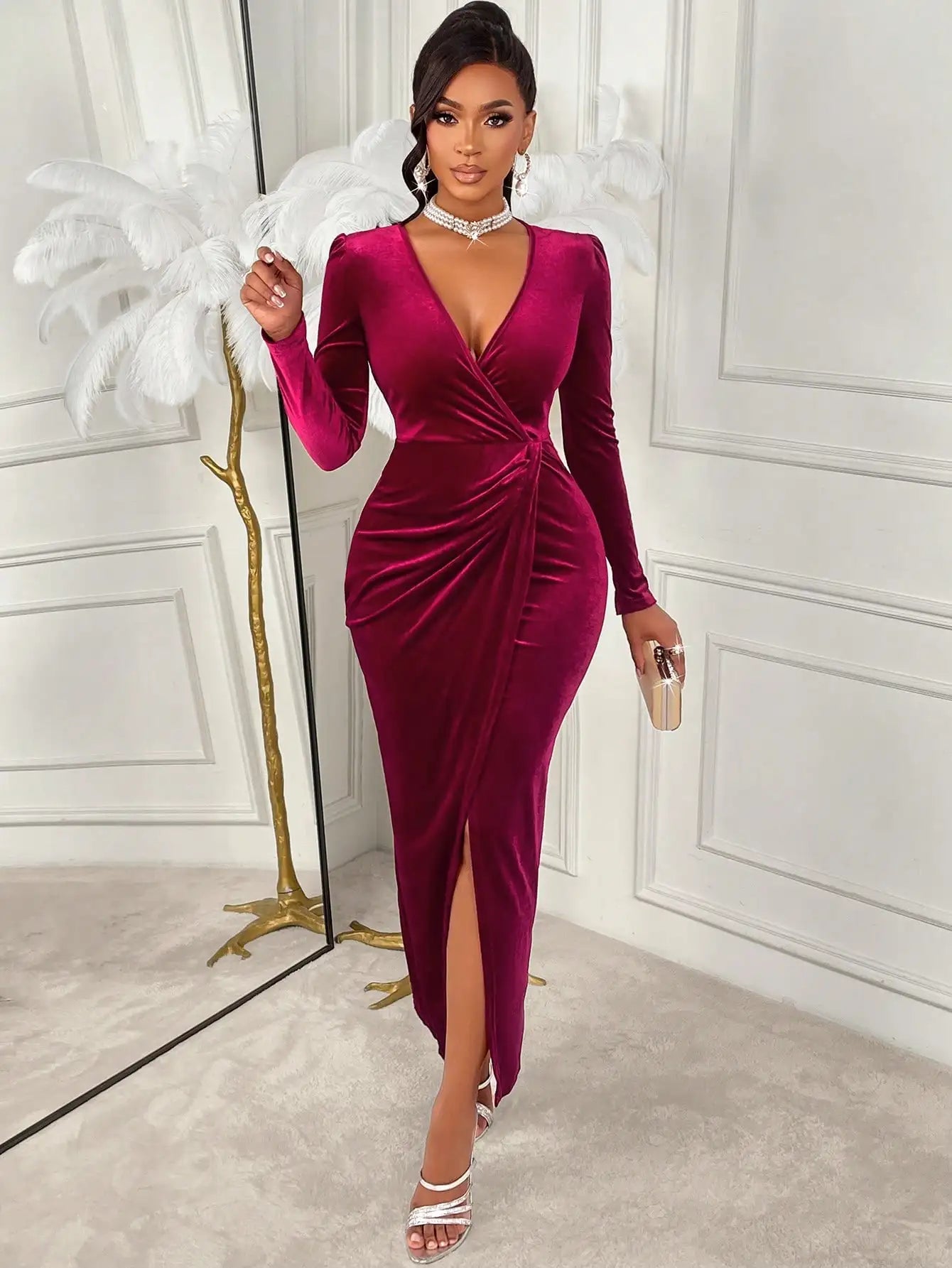 Deep V Neck Velvet Maxi Dress with Puff Sleeves