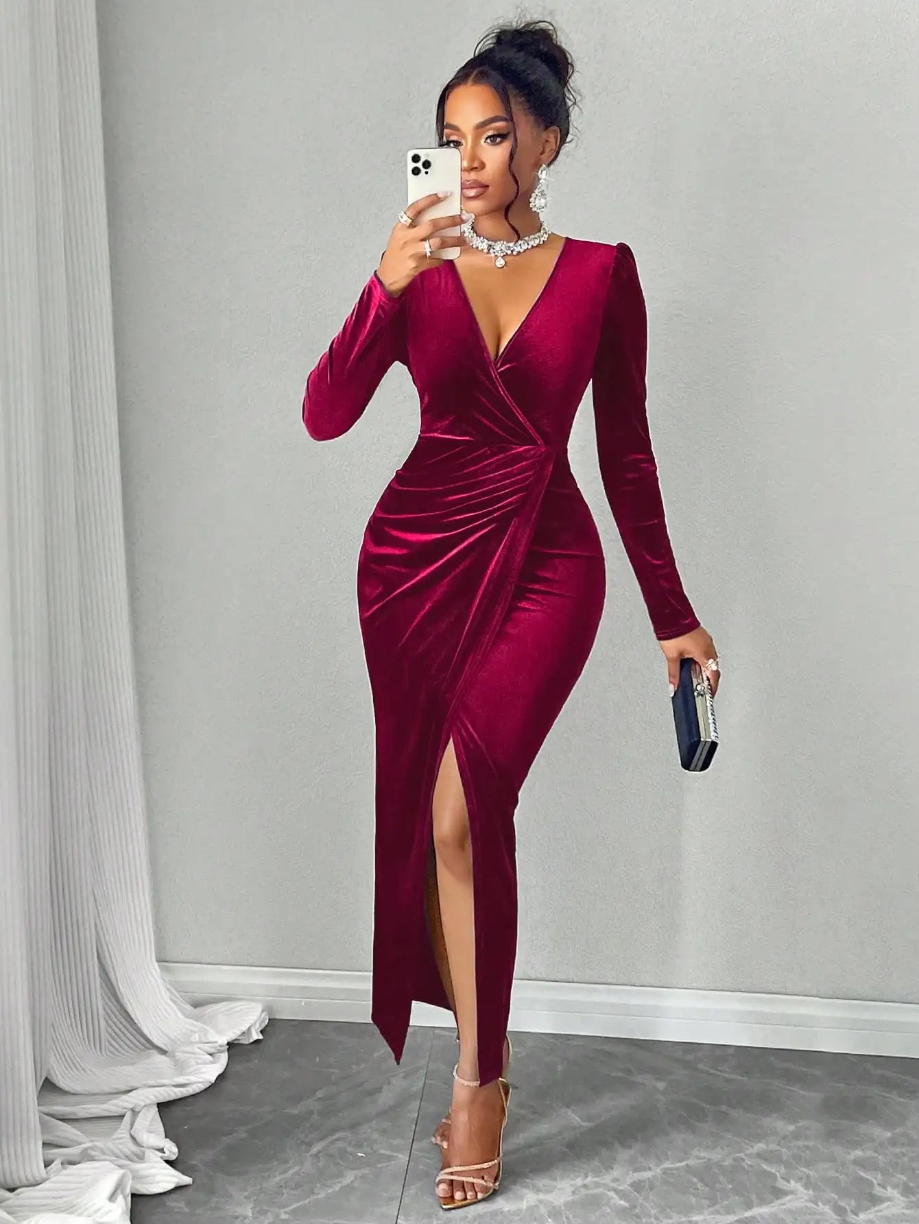 Deep V Neck Velvet Maxi Dress with Puff Sleeves
