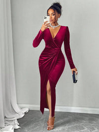 Deep V Neck Velvet Maxi Dress with Puff Sleeves