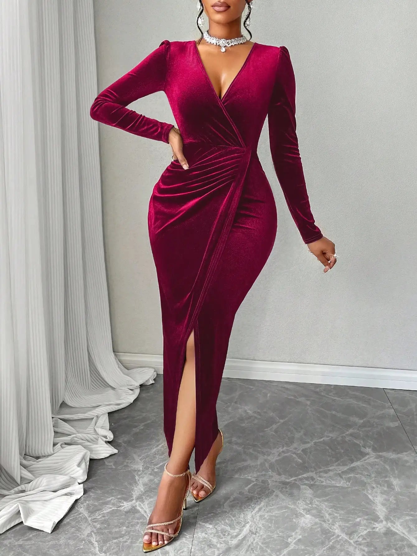 Deep V Neck Velvet Maxi Dress with Puff Sleeves
