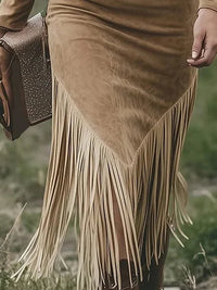 American Retro Suede Tassel Slit Maxi Dress (No Belt)