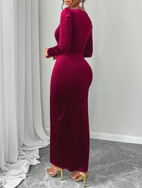 Deep V Neck Velvet Maxi Dress with Puff Sleeves