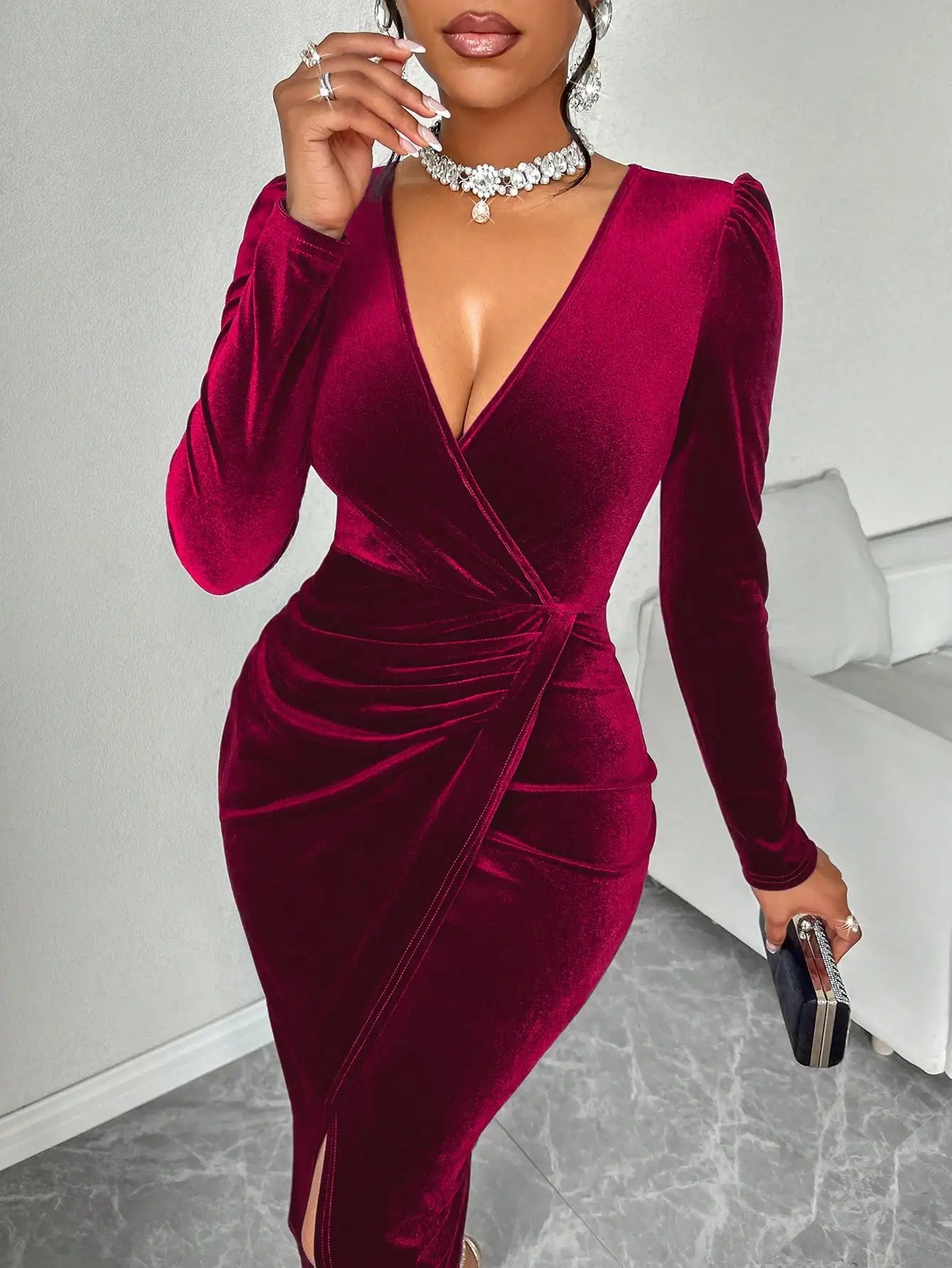 Deep V Neck Velvet Maxi Dress with Puff Sleeves