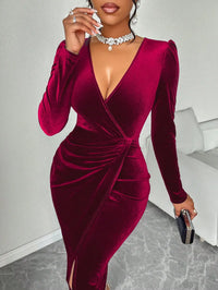 Deep V Neck Velvet Maxi Dress with Puff Sleeves