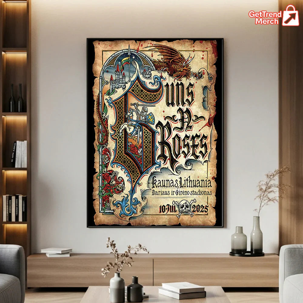 Guns N' Roses Kaunas 2025 Tour Poster Canvas | Medieval Knight Dragon Wall Art | July 10 Concert Print - Get Trend Merch