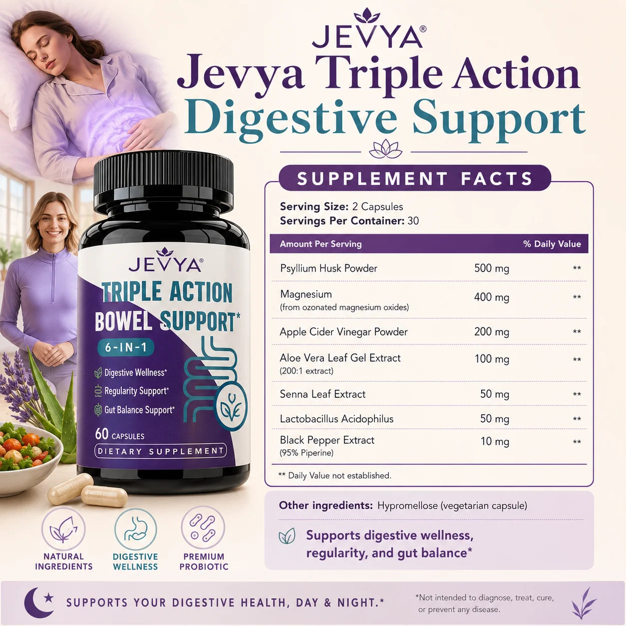 Jevya Gut Refresh Digestive Support Capsules With Psyllium, Magnesium & ACV