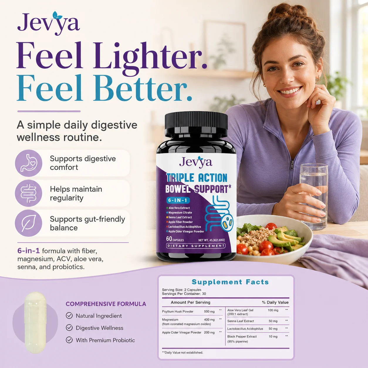 Jevya Gut Refresh Digestive Support Capsules With Psyllium, Magnesium & ACV