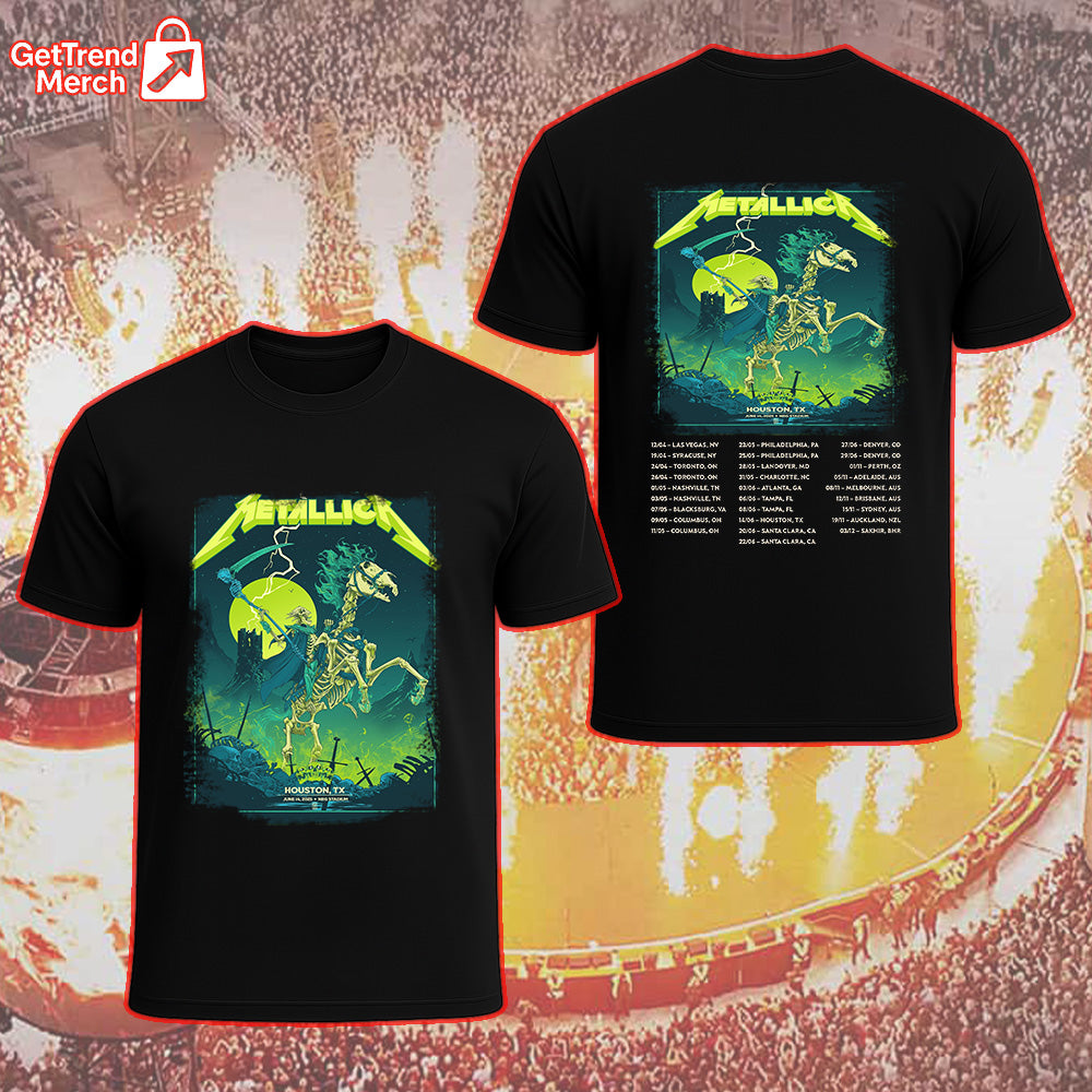 Metallica Concert Tour M72 World Tour June 14, 2025 Houston, TX Grim Reaper Horseman Skeleton Rider Official Band T-Shirt - Get Trend Merch