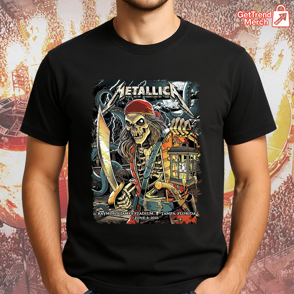 Metallica Concert Tour M72 World Tour June 8, 2025 Tampa, FL Raymond James Stadium Pirate Skeleton Official Band T-Shirt - Get Trend Merch