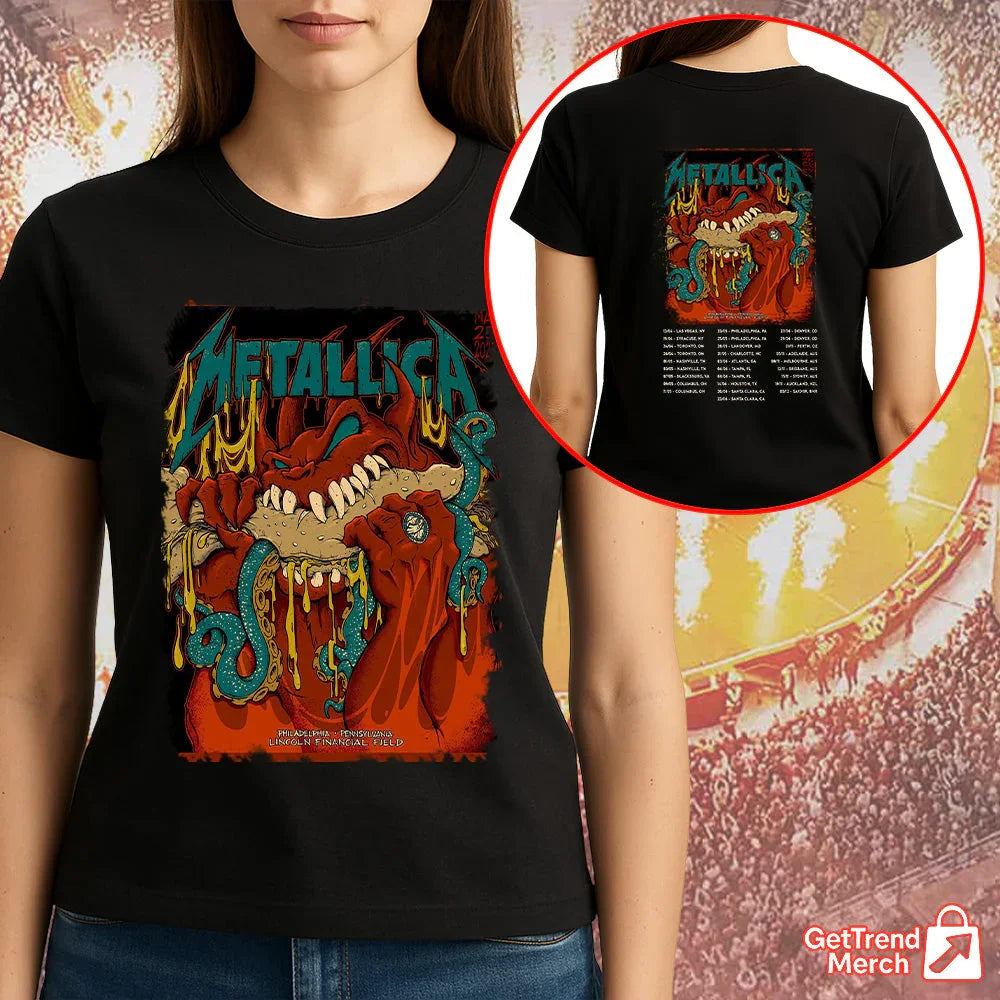 Metallica Concert Tour M72 World Tour May 12, 2025 Philadelphia, PA Lincoln Financial Field Monster Bite Official Band T-Shirt - Get Trend Merch